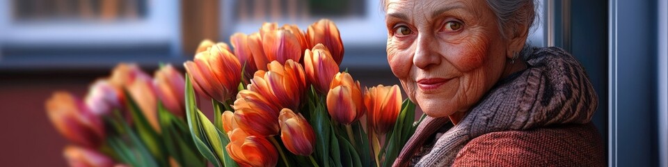 Elderly woman with tulips. Selective focus