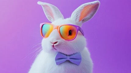 Fototapeta premium Rabbit wearing sunglasses and bow tie against a vibrant purple backdrop. Cute animal portrait showcasing fun fashion and playful personality, perfect for marketing.