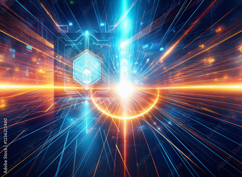 Fototapete Abstract sci-fi background featuring a double exposure effect.  Bright, glowing lines and shapes converge at a central point, creating a sense of speed and energy.  The image evokes a futuristic techn