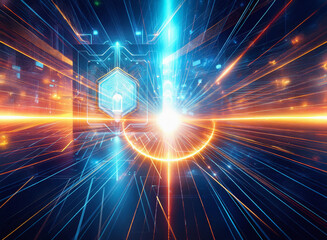 Fototapeta premium Abstract sci-fi background featuring a double exposure effect. Bright, glowing lines and shapes converge at a central point, creating a sense of speed and energy. The image evokes a futuristic techn