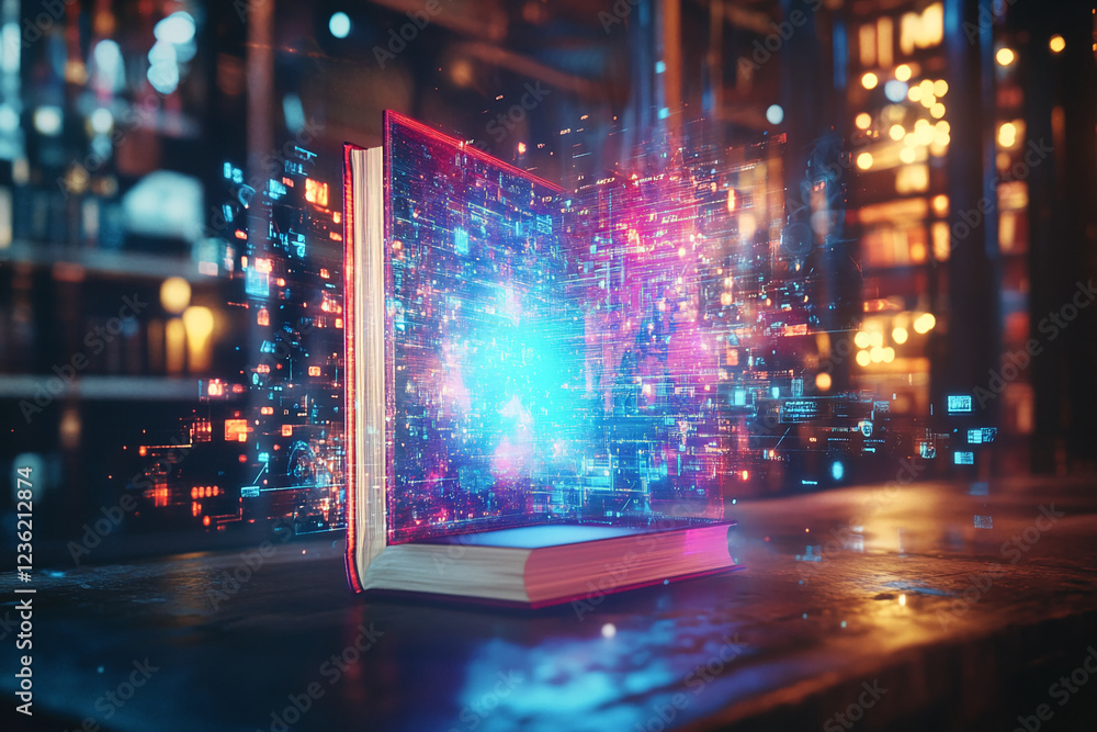 Leinwandbilder An open book with glowing digital data and symbols emerging from its pages, representing the fusion of knowledge and technology in a futuristic, digital world.