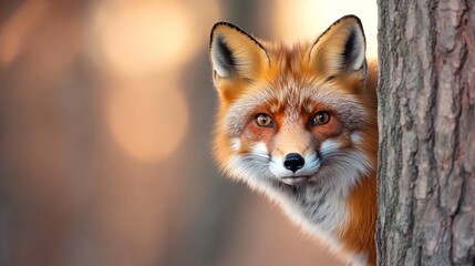 Red fox peeking from behind tree trunk in autumn forest at sunset; wildlife photography for nature publications