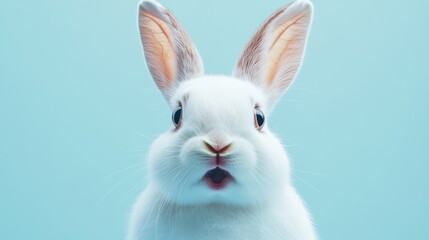 Obraz premium Rabbit with expressive face against blue background, showcasing curiosity and charm. Ideal for pet, wildlife, or Easter themes in creative projects.