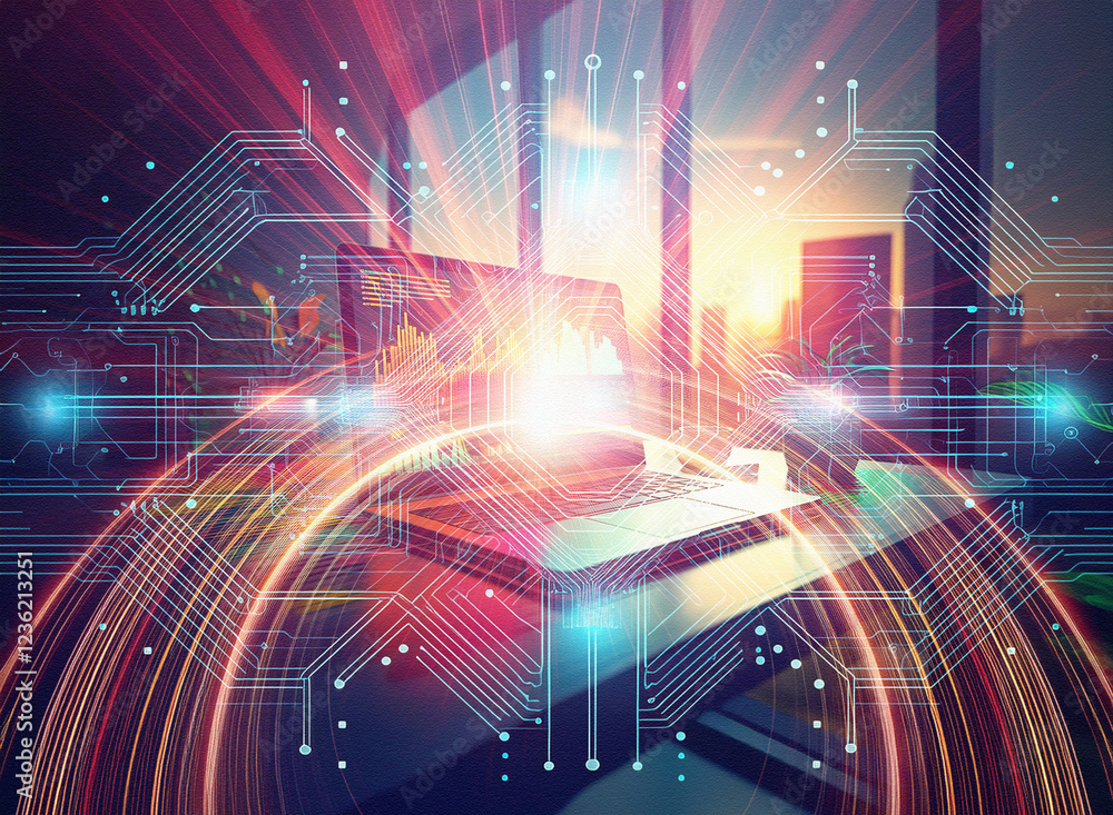 Poster Abstract sci-fi double exposure image.  A futuristic cityscape backdrop blends with glowing circuit board patterns surrounding a laptop.  The scene evokes a sense of technological advancement and conn