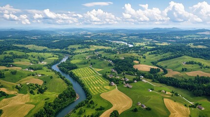 Aerial View of Serene Green Fields and Flowing River Landscape
