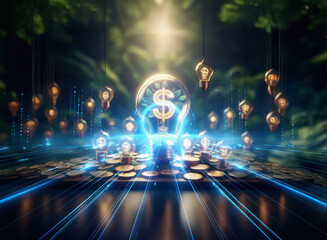 Fototapeta premium Abstract sci-fi double exposure image. A glowing dollar sign inside a lightbulb sits atop coins, surrounded by more lightbulbs and a lush, dark green background. Bright blue energy lines radiate out