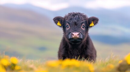 Fototapeta premium Highland calf in field, spring dandelions, blurred mountains