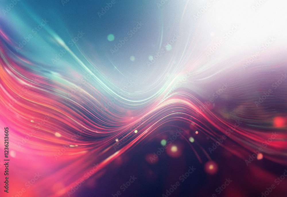 Poster abstract artwork featuring vibrant red and blue wavy lines, glowing with light particles and bokeh e