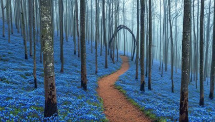 Fototapeta premium Misty forest path with bluebells, natural arch