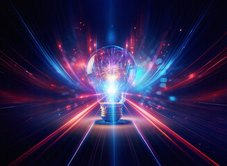Obraz premium Abstract sci-fi double exposure image of a glowing lightbulb on a vibrant background, radiating energy and light streaks. The scene evokes a sense of innovation and futuristic discovery.