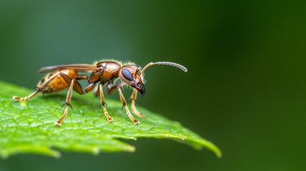 Naklejka premium Red wasp insect perched on green leaf, blurred forest background, nature macro photography for scientific or educational use