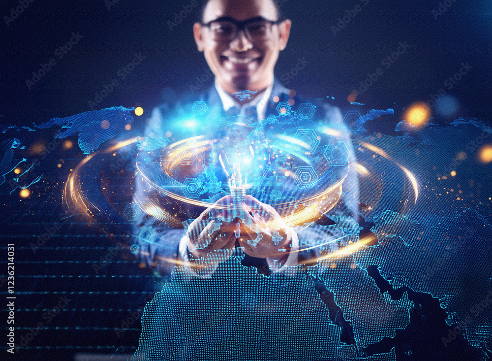 Poster Abstract sci-fi double exposure image. A smiling person holds a glowing lightbulb, encircled by a digital world map.  The background is dark and technological.