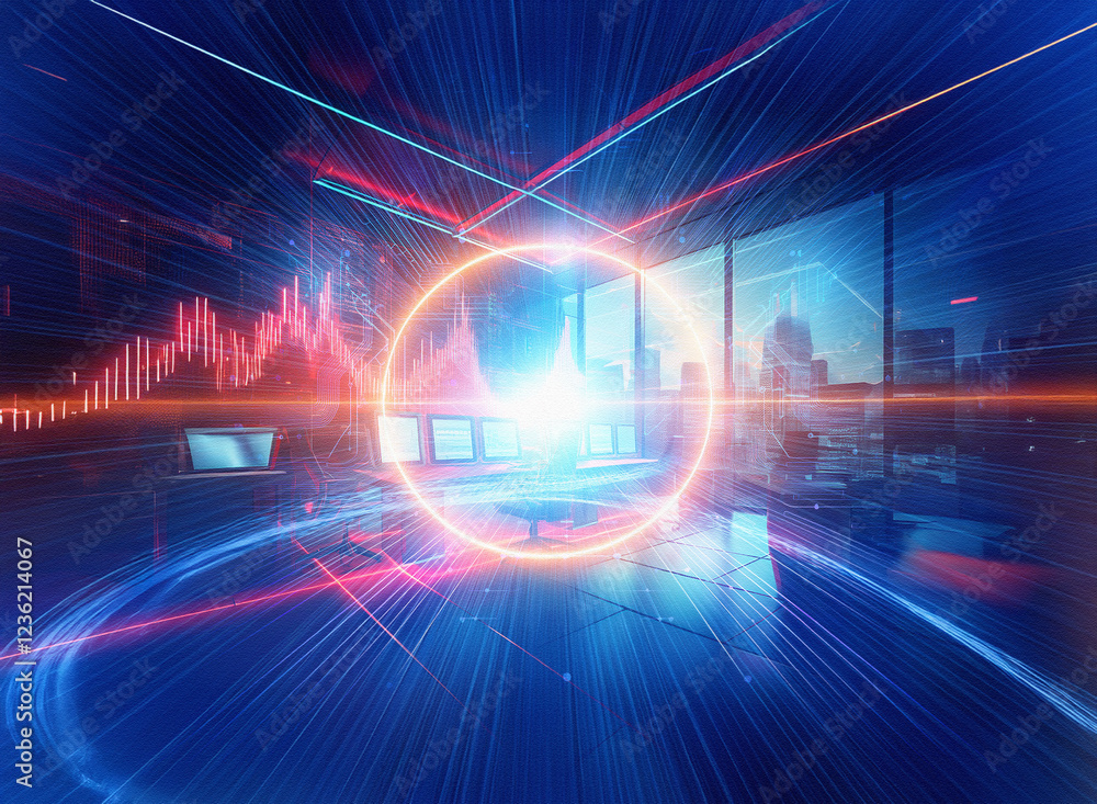 Fototapete abstract sci-fi double exposure image. futuristic cityscape backdrop with glowing circle, energy bea