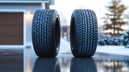 two tires side by side placed on a reflective surface with a blurred garage in the background