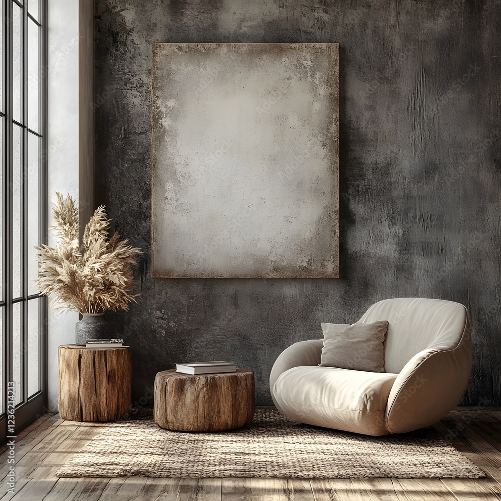 Poster minimalist interior a canvas mockup an inviting armchair and rustic decor viewed from a side angle e