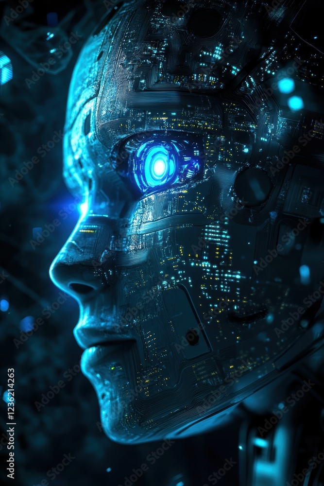 Poster robot face with glowing blue eye and digital circuits representing artificial intelligence, technolo
