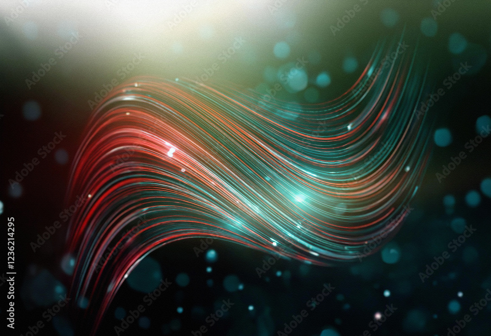 Poster abstract sci-fi background featuring a double exposure effect. wavy, glowing lines in red, teal, and