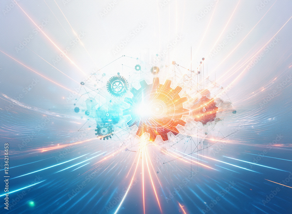 Poster abstract sci-fi double exposure image. glowing gears and lines converge in a futuristic, dynamic bac