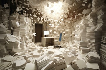 Room filled with stacks of paperwork and loose sheets flying through the air, symbolizing administrative overload and stress