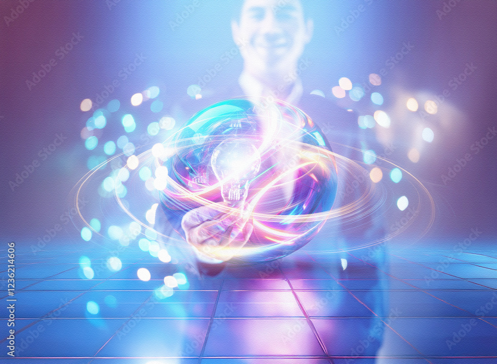 Poster abstract sci-fi double exposure image of a person holding a glowing orb, light trails, and bokeh bac