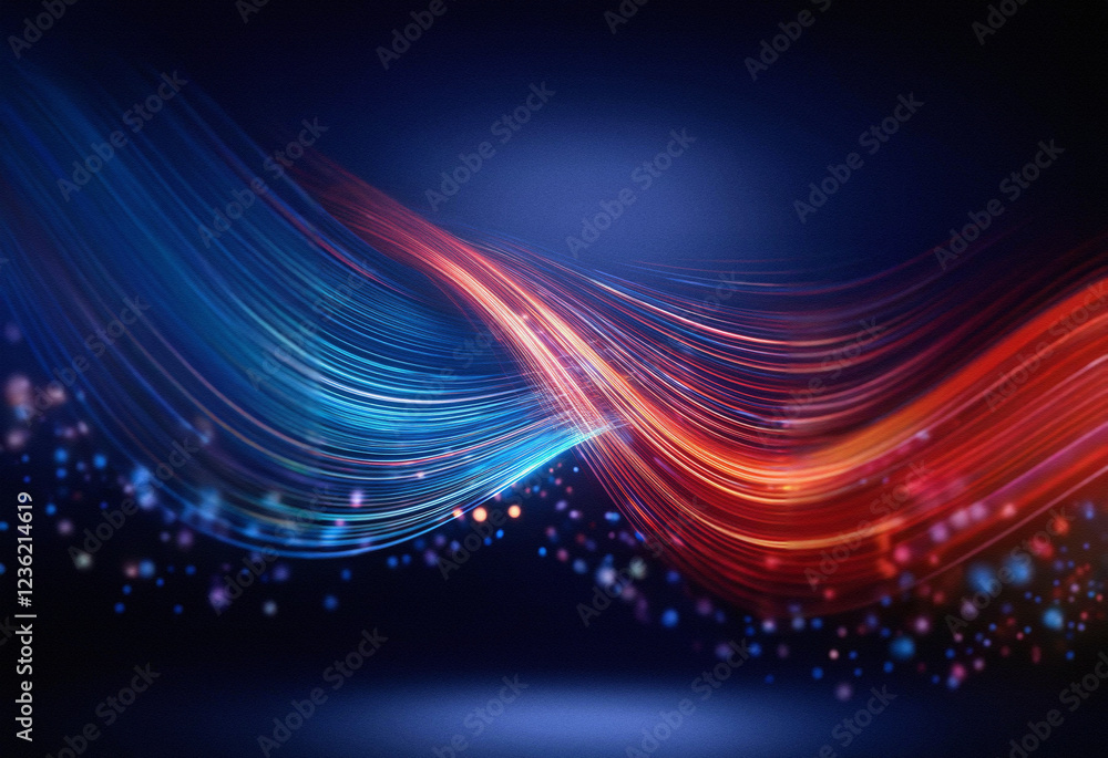 Poster Abstract sci-fi background featuring a double exposure of vibrant red and blue light waves, creating a dynamic and energetic composition.  Glowing particles add depth.