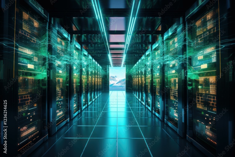 Poster futuristic server room data center showing green digitalization and cloud computing
