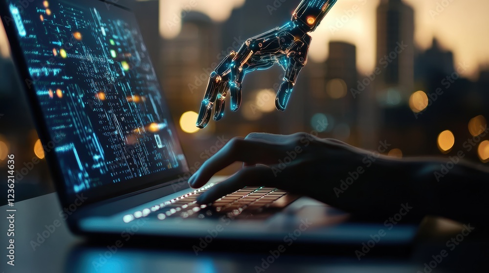 Poster robot hand reaching for laptop keyboard in a futuristic cityscape, showcasing ai technology, digital