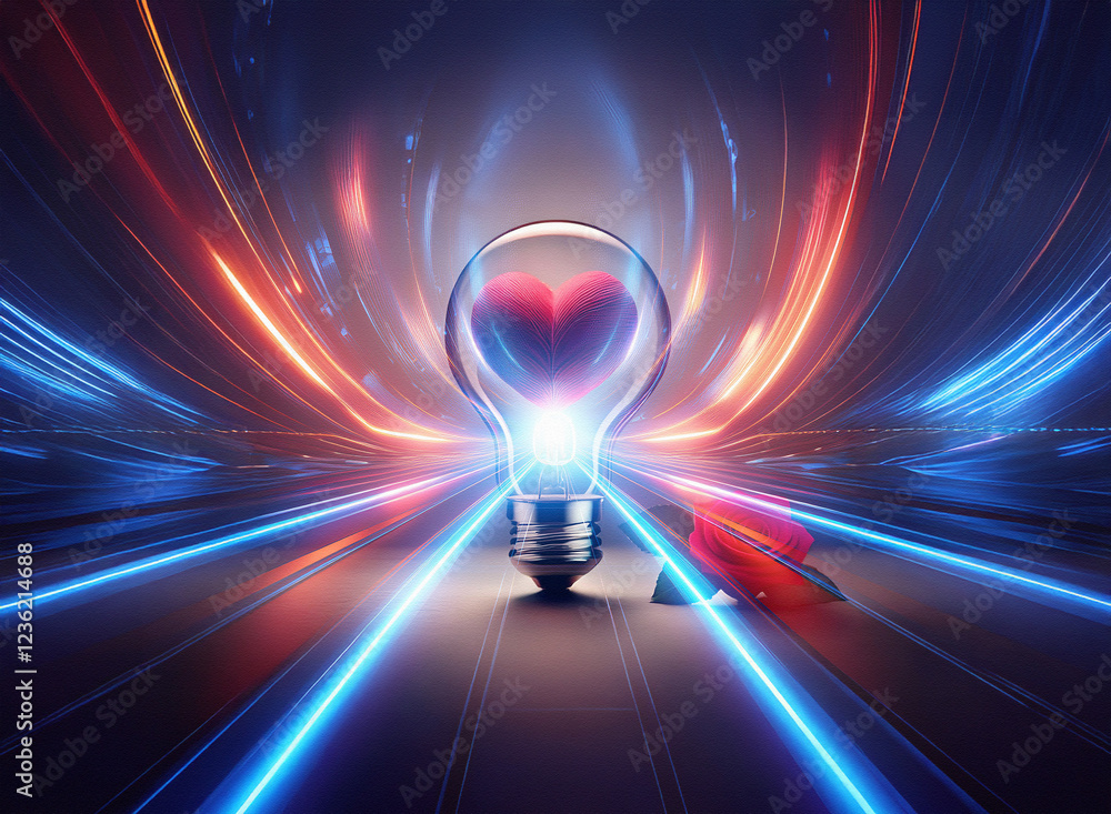 Poster a glowing lightbulb, containing a heart, sits on a highway of vibrant light streaks. a red arrow poi