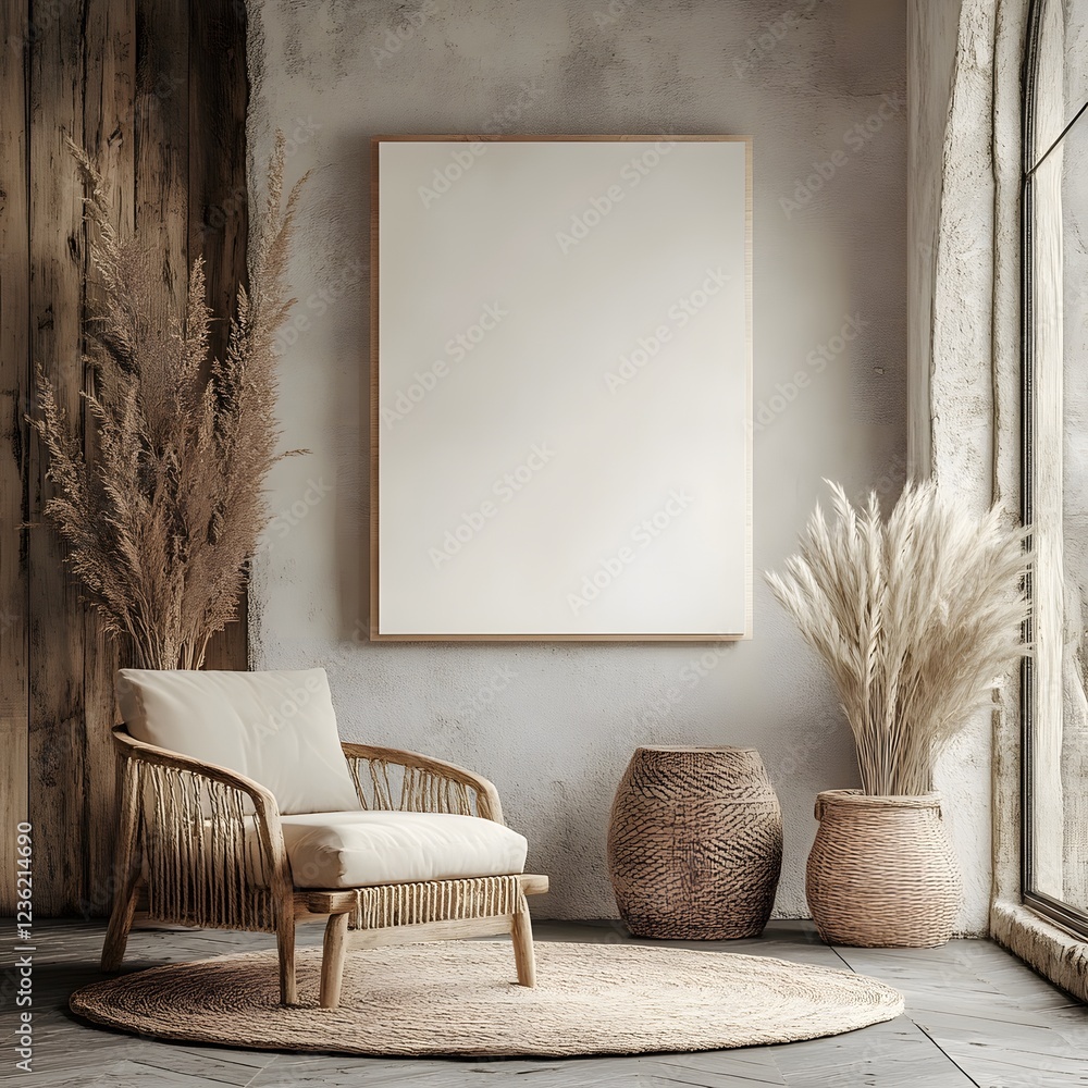 Poster minimalist interior a canvas mockup an inviting armchair and rustic decor viewed from a side angle e