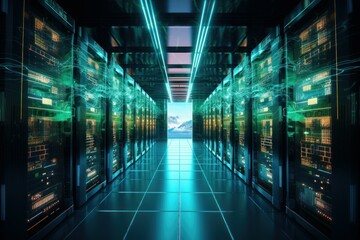 Futuristic server room data center showing green digitalization and cloud computing