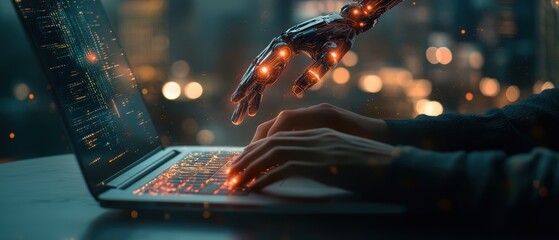 Robot hand reaching towards laptop keyboard during late-night coding session with blurred city lights, exploring AI technology, automation, and modern computing.