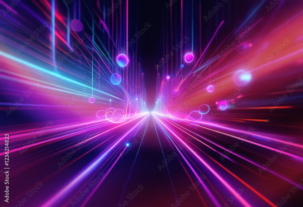 Poster abstract sci-fi background featuring a double exposure effect. vibrant pink, blue, and purple streak