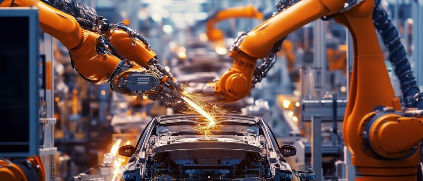 Robotic arms welding in automotive manufacturing plant, showcasing advanced technology, automation processes, and precision in vehicle production for modern industry.