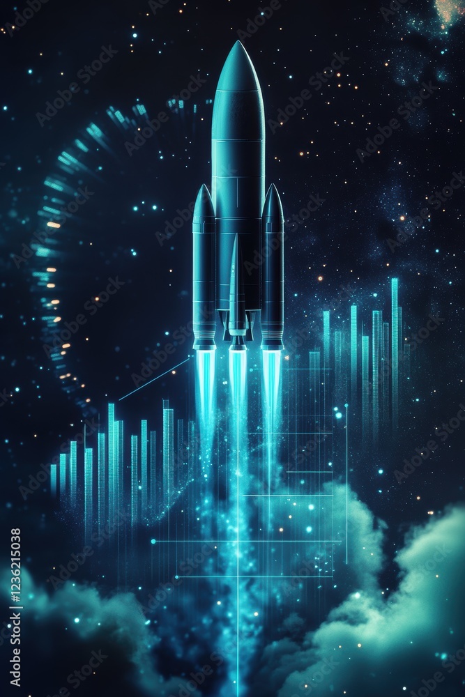 Poster rocket launch in space with digital graphs and data analysis, representing innovation, technology ad