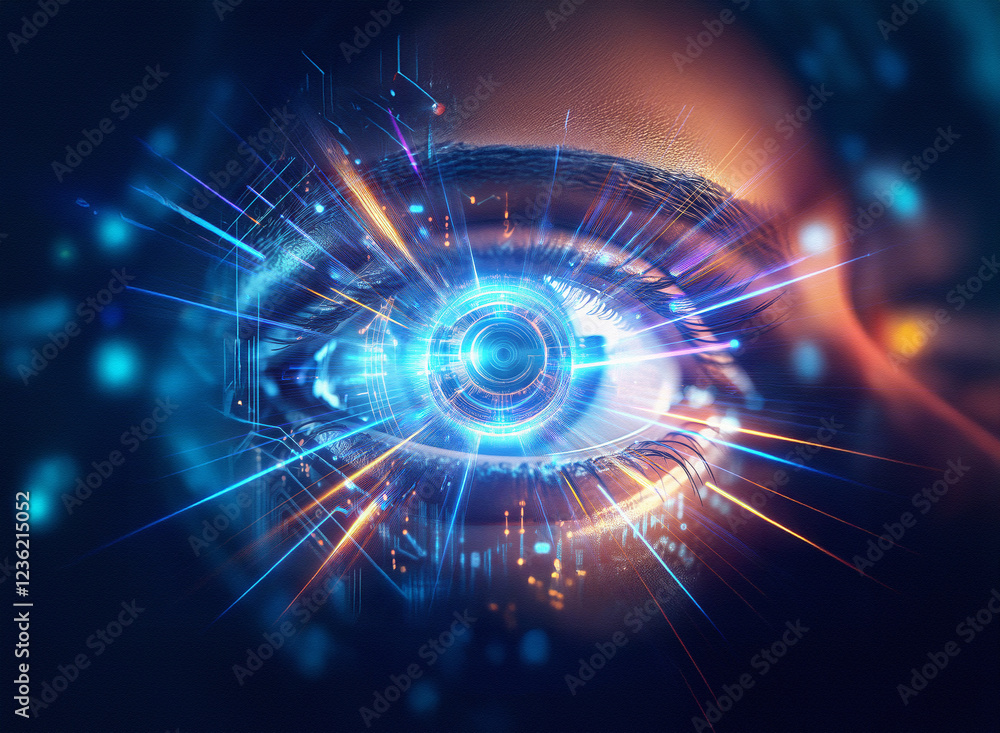 Aufkleber abstract sci-fi double exposure image of a glowing eye, set against a dark background. digital circu