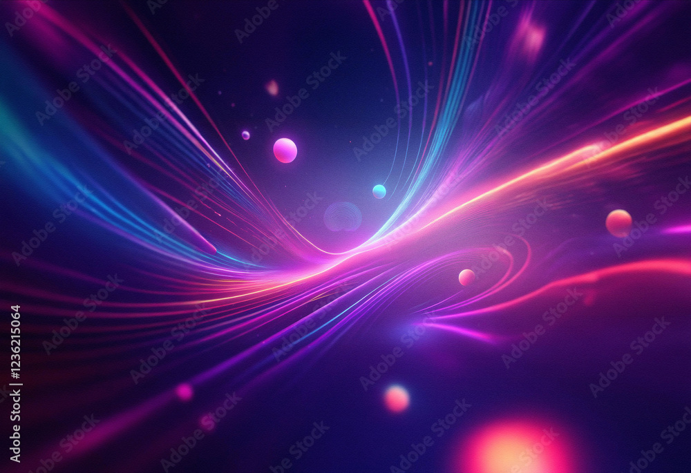 Aufkleber Abstract sci-fi background created with a double exposure technique. Glowing, vibrant streaks of light curve across a dark backdrop, interspersed with luminous orbs.