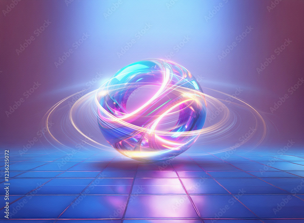 Poster abstract sci-fi double exposure image of a glowing orb with vibrant light trails, set against a refl