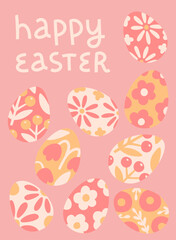 Cute Easter greeting card template.  Happy Easter. Eggs decorated with flowers on pink background. Vector illustration