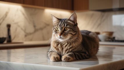 Elegant Cat with Reflection on Polished Marble in Soft Light