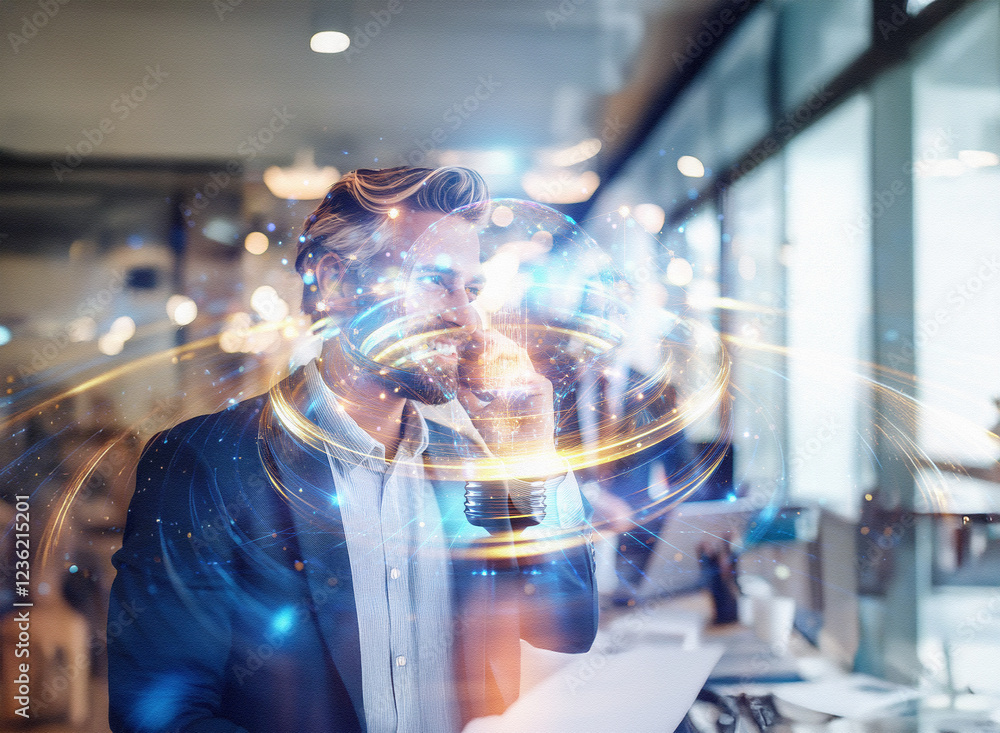 Poster abstract sci-fi double exposure image of a businessman on a phone call, surrounded by glowing, futur