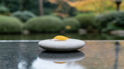 Autumn leaf on stone, Zen garden, peaceful pond, fall foliage background, meditation image