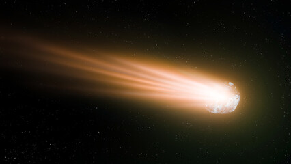 Comet in the starry night sky. Fireball isolated. Bright comet tail on black background. Shooting star.