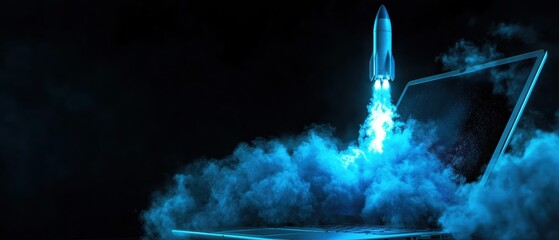 Rocket launching from a laptop screen with clouds of smoke and blue light, representing technology, innovation, and the future of digital advancements in business.