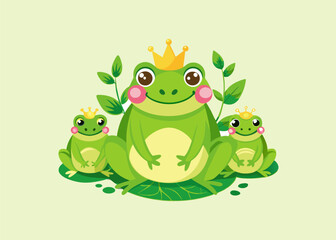 Obraz premium It's a cute little frog prince with a crown cartoon. green frog sitting on lotus leaf Vector illustration