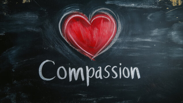 Blackboard with the word compassion written beside a red heart, symbolizing empathy and kindness in education