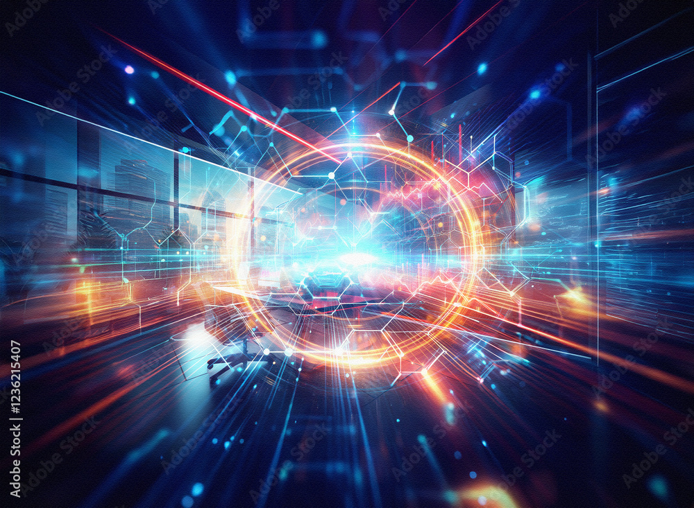 Poster Abstract sci-fi double exposure image. Glowing lines and hexagons form a futuristic background, suggesting technological advancement and digital networks.