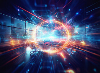 Obraz premium Abstract sci-fi double exposure image. Glowing lines and hexagons form a futuristic background, suggesting technological advancement and digital networks.