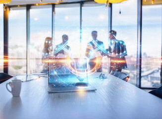 Abstract sci-fi double exposure image of a business meeting.  A glowing network emanates from a laptop, blending with the background figures.  The scene suggests futuristic collaboration.
