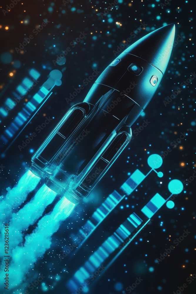 Poster rocket launching into space with digital data visualization, representing technology advancement, in