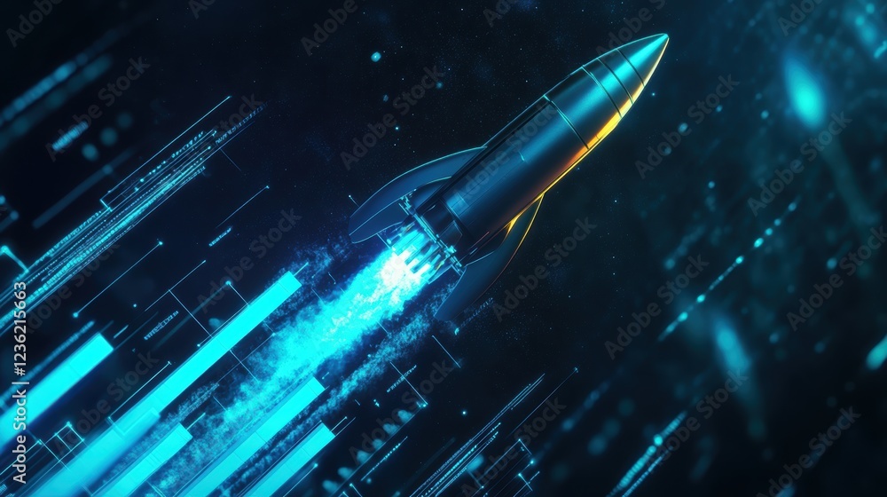 Poster rocket launching into space surrounded by digital data streams, symbolizing technological advancemen